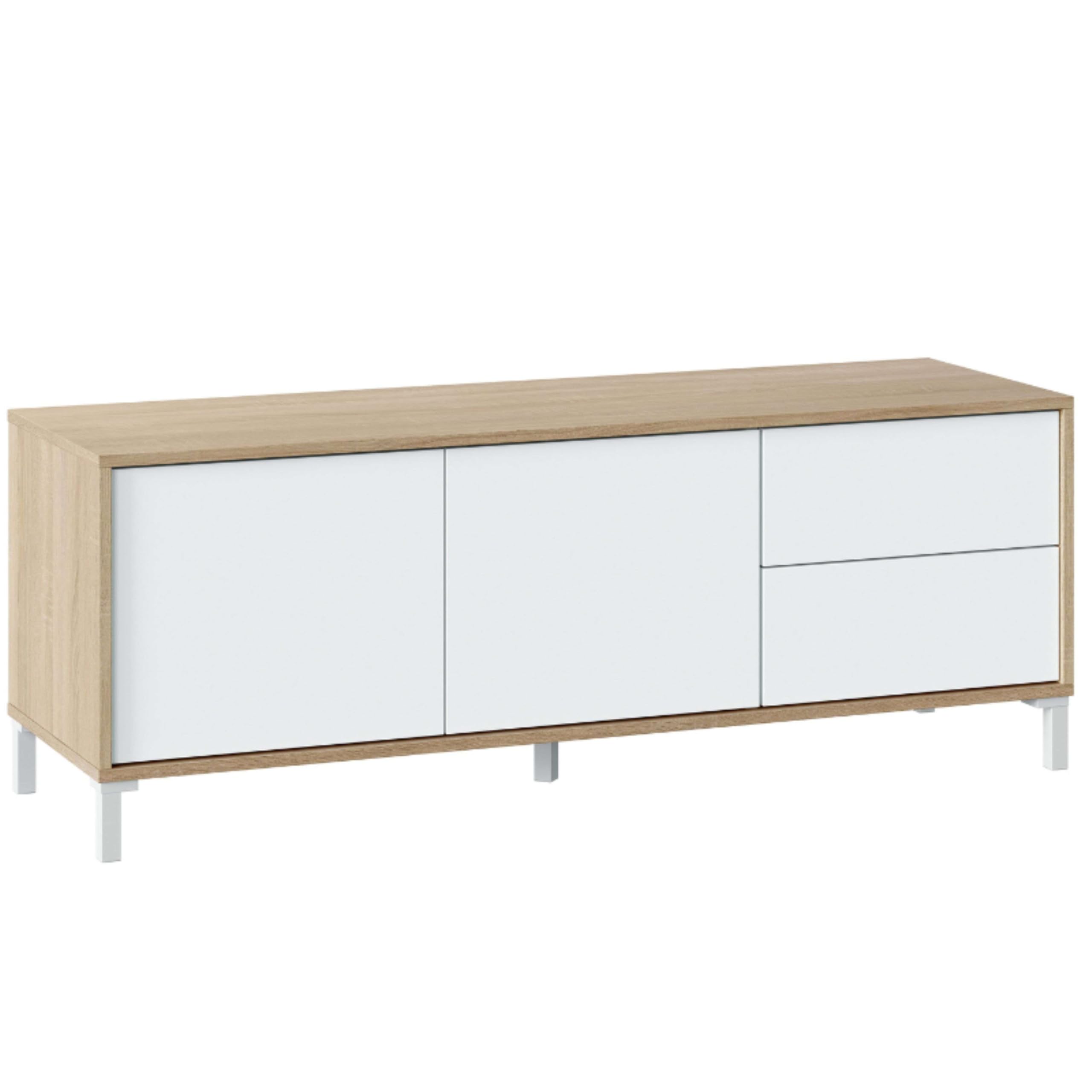 Habitdesign Modulo de TV 2 Puertas y 2 Cajones, Mueble TV, Modelo Brooklyn, Acabado en Roble Canadian y Blanco Artik, Medidas: 130 cm (Ancho) x 47 cm (Alto) x 41 cm (Fondo)
