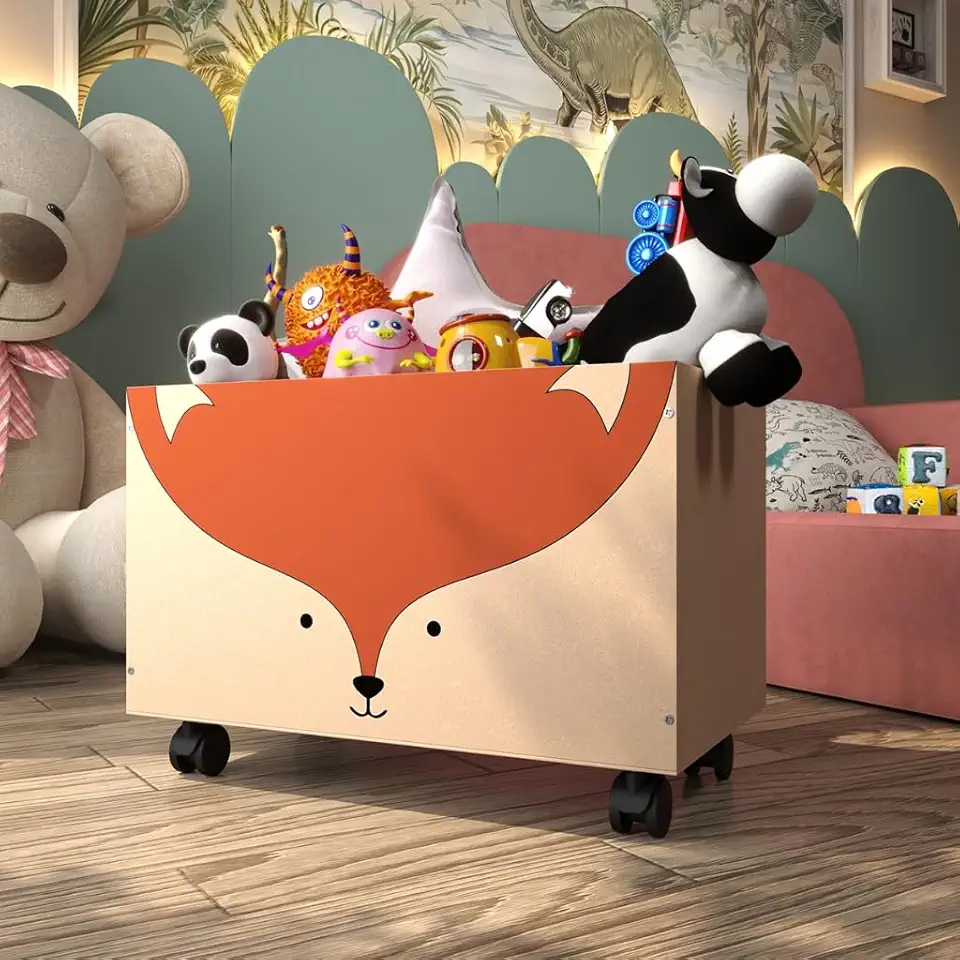 Caixa Organizadora Infantil Multiuso Para Brinquedos Baú De Madeira Com Rodinhas Caixote De Madeira(Raposa)