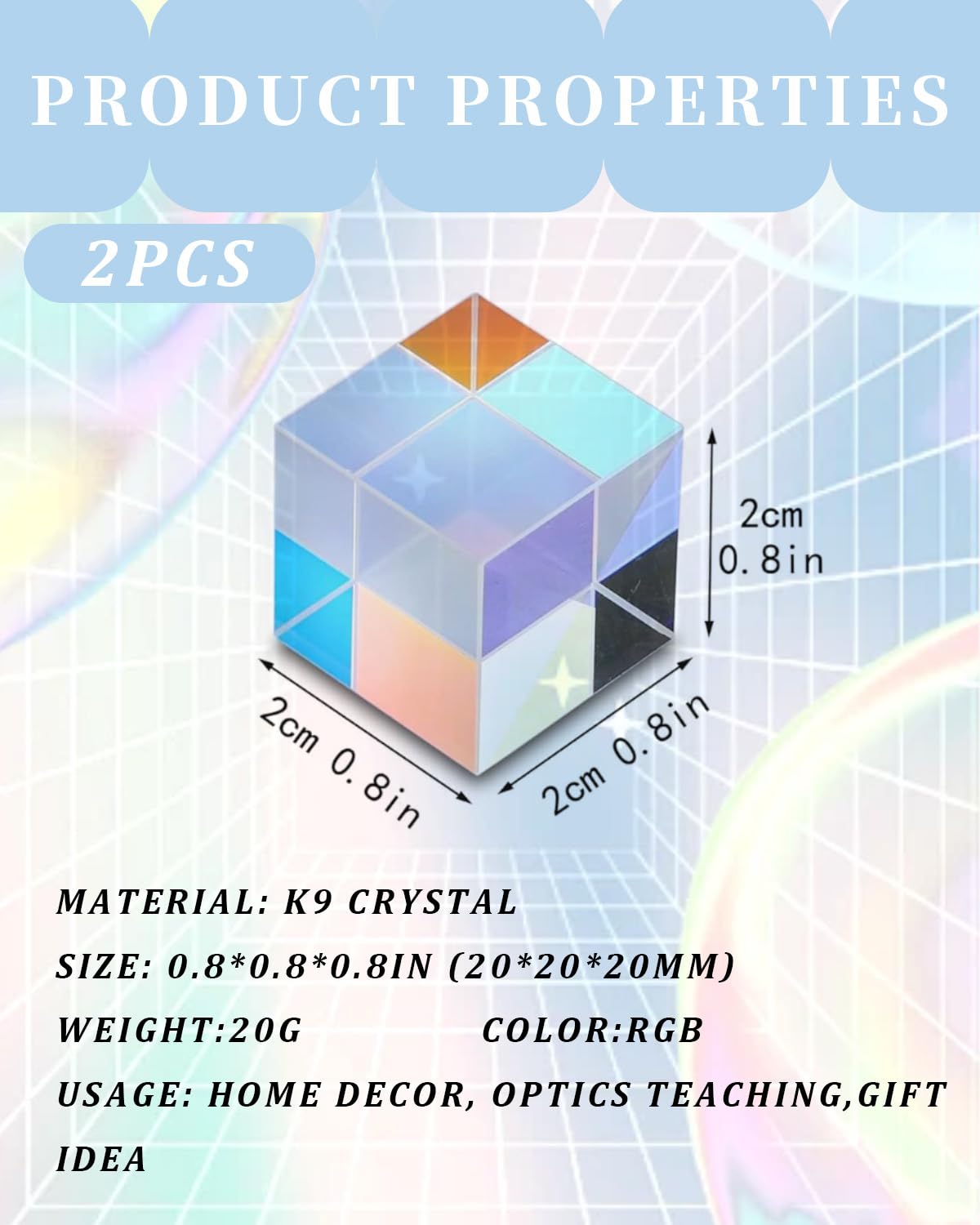 2 pcs Cubo de Cristal K9, Prisma óptico estándar de Seis Caras para decoración de fotografía, Viene con Bolsa de Terciopelo (2X 2X 2 cm)