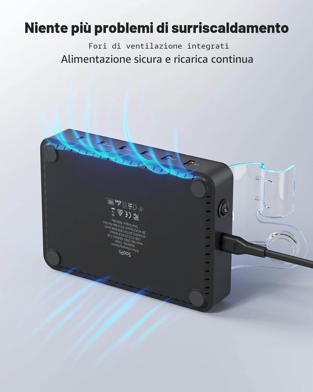 SooPii 90W Stazione di Ricarica a 6 porte Caricatore USB con ricarica rapida USB C PD da 20W, supporto 2 in 1, 6 cavi corti inclusi per lPhone, lPad, tablet e altri dispositivi elettronici, nero