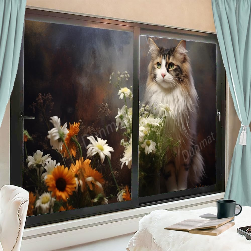 Gorgeous Cat Stained Glass Window Film, Vintage Floral Animal Patterns Decorative Frosted Glass Privacy Film, Heat Control Static Cling Window Sticker 80x120 cm x 2 Pcs