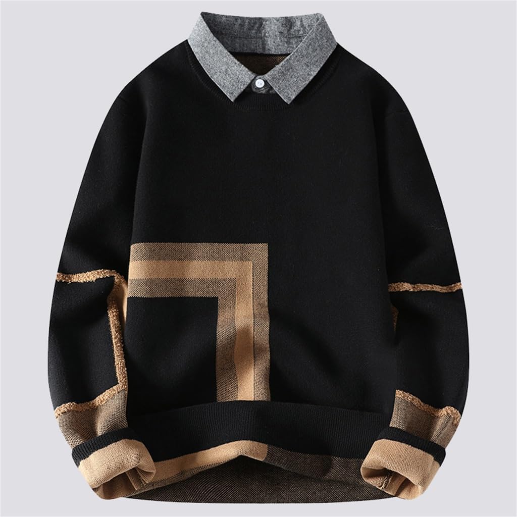 JSEIAJB Fake Two-Piece Sweater for Men's Winter Shirt with Bottom Collar Knit Sweater for Youth Thick and Versatile top