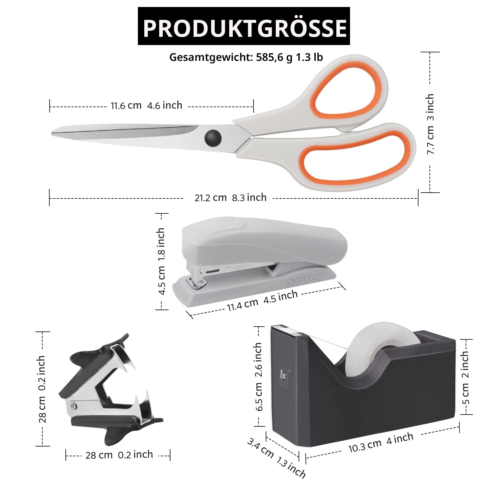 Asdirne Büroartikel-Set, Schreibtisch-Zubehör-Set, einschließlich 2 Scheren, 1 Hefter, 1000 Stück 26/6 Heftklammern, 1 Heftklammerentferner, 1 Klebebandspender und 1 Klebeband