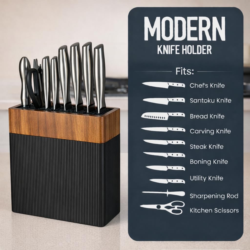 Modern Universal Knife Block Without Knives – Acacia Wood Knife Holder Stand with Bristles for Easy Knife Organization & Storage for Kitchen Counter | Cutlery Display
