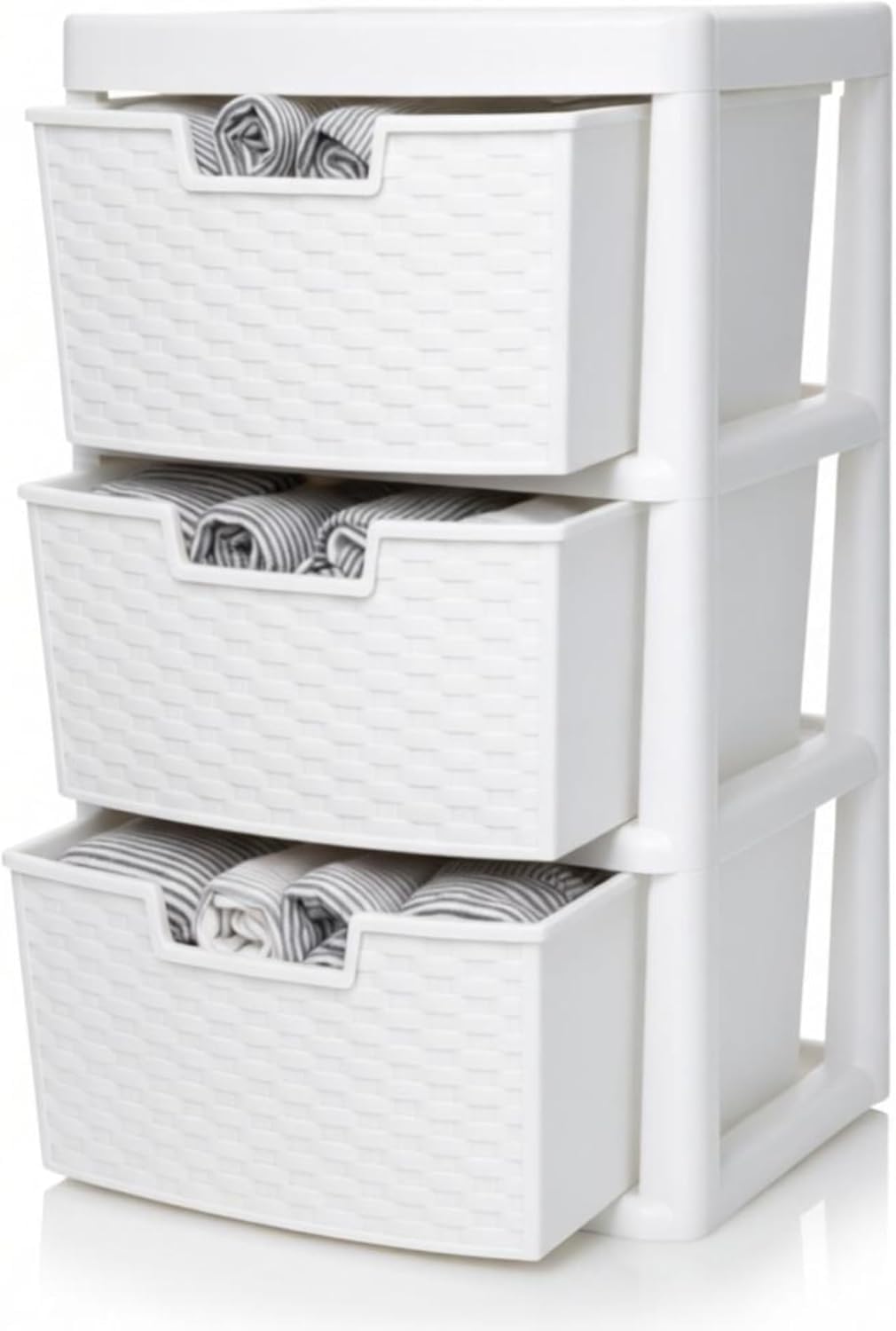KYY'Z - Large Plastic Rattan Storage Drawers Unit with Deep Pull-Out Baskets - Durable Multipurpose Cabinet Organizer for Home Office, Bedroom, Bathroom, Garage, Utility Room (Rattan White, 3 Tier)