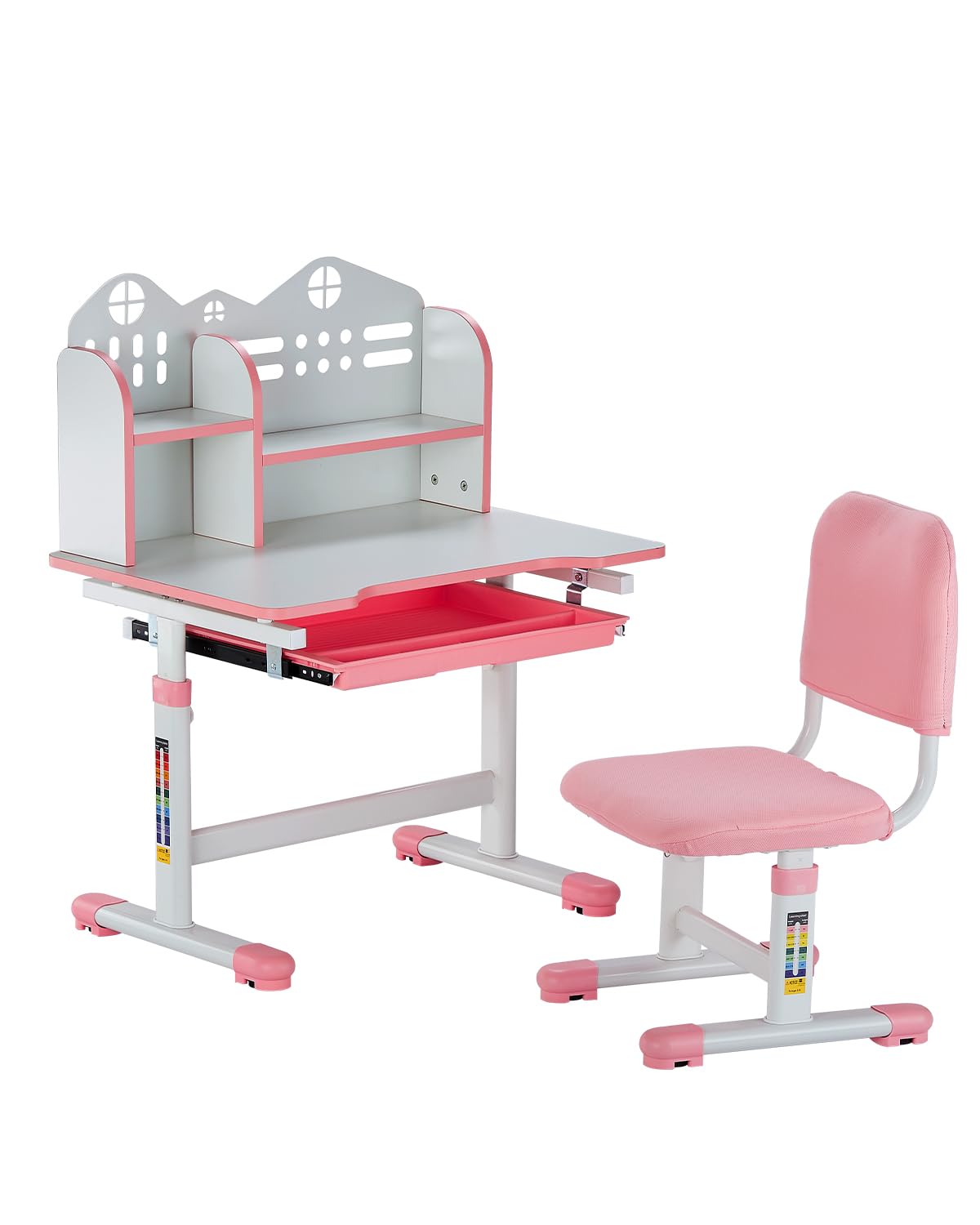 VEVOR Set Scrivania e Sedia per Bambini, Capacità di Carico di 100 kg Tavolo da Lavoro e Sedia per Bambini con Libreria e Cassetto, Regolabile in Altezza, per Camera da Letto e Studio, Rosa