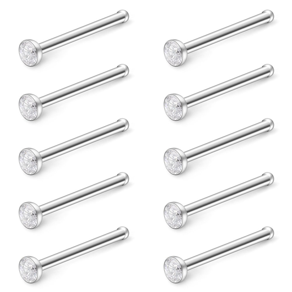 Ruifan 18G 1.5mm 2mm 2.5mm 3mm Jeweled Diamond CZ Nose Bone Studs Rings Piercing Jewelry 10PCS