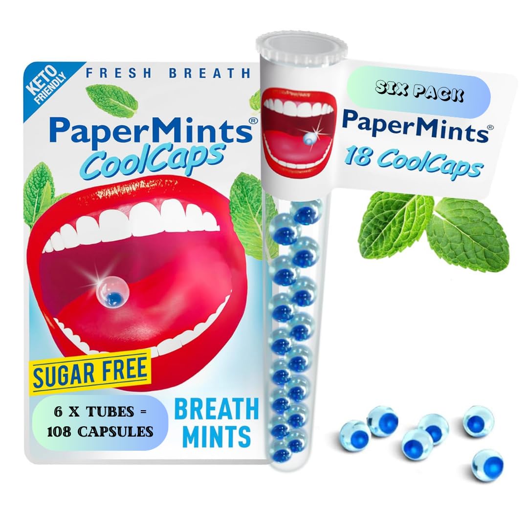 Goodbye halitosis with Cool PaperMints® Capsules - Breath Freshener Capsules (6 Tubes of 18 Capsules)