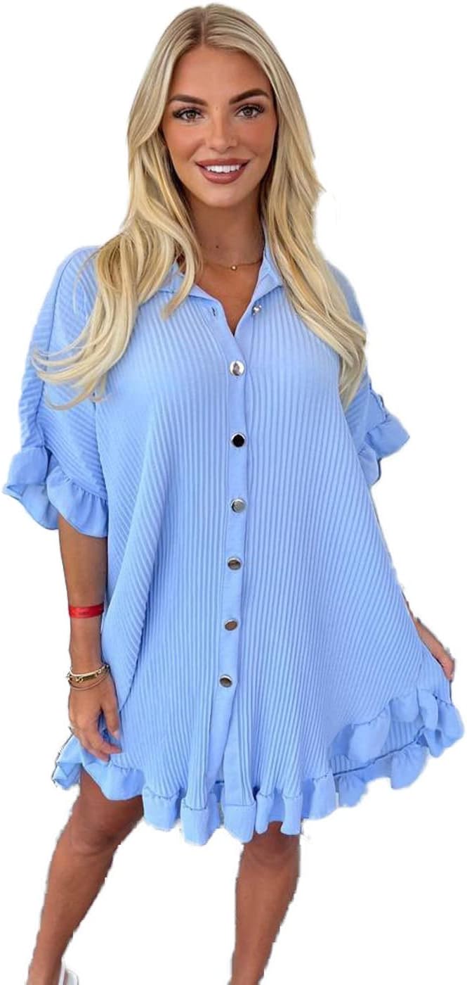Women's Gold Button Pleated Short Sleeve Collared Dress Frill Hem Casual Loose Fit Oversized Plus Size Swing Summer Dresses Open Stretchy Beach Outwear for Casual UK Sizes 12-22