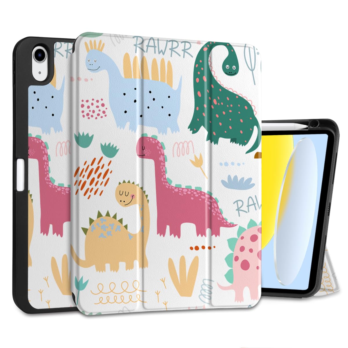 MEEgoodo Case for iPad A16 11th Generation 11 inch 2025/iPad 10th Generation 10.9 inch 2022, Tablet Cover with Trifold Stand + Pencil Holder + Auto Wake/Sleep + Soft TPU Back Cover, Cute Dinosaurs