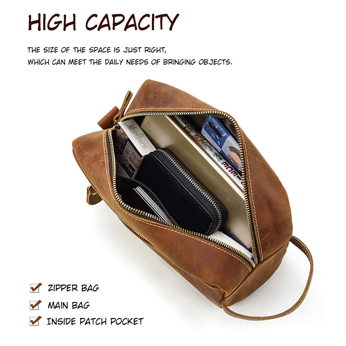 Borsa da toeletta in pelle personalizzata per uomo Kit da barba Dopp da viaggio, grandi borse cosmetiche da toeletta organizer da bagno, Marrone, Large