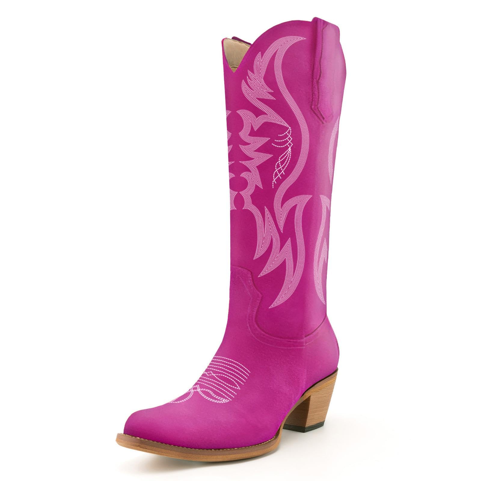 KaroNairy Women Cowboy Boots Faux Suede Embroidered Pointed Thick Heeled Western Wide Calf Cowgirl Ponited Toe Mid Calf Boots