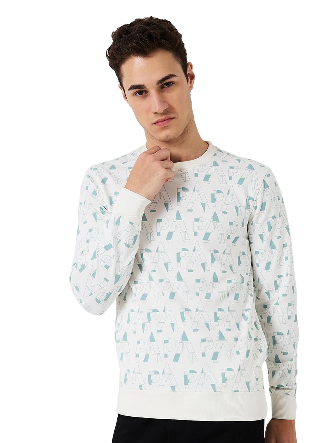 Men Slim Fit Print Pattern Cotton Polyester Blend Full Sleeve Rib Collar Casual Sweatshirt White-image-27