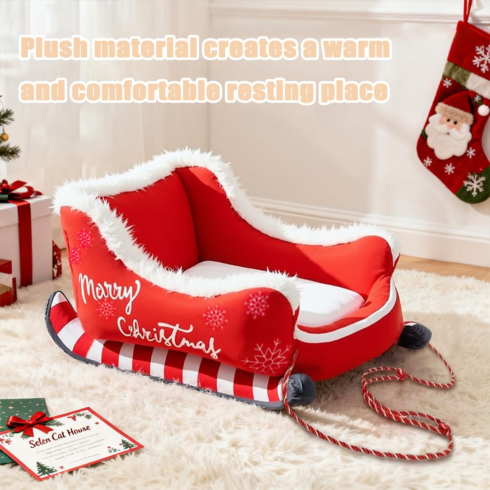 Cuccia per cani a forma di slitta natalizia, cuccia calda per animali domestici a forma di slitta di Babbo Natale, cuccia natalizia lavabile in peluche per gatti con base antiscivolo (Rosso, L)