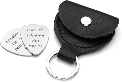 Personalized Master Free Engraving Custom Engraved 2pcs Stainless Steel Guitar Picks Genuine Leather Guitar Pick Holder Case Keychain Key Fob Bag for Musician Guitar Player Musical Gift