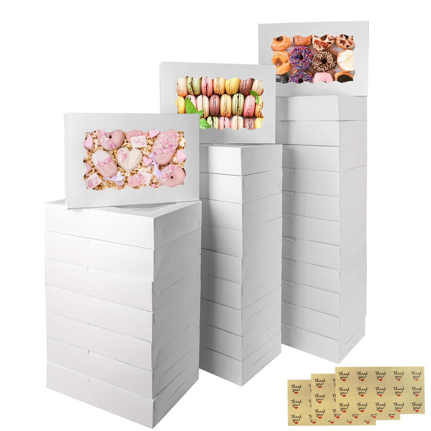30 stuks witte bakkerijdozen 20 x 8 x 2,5 inch met venster, 20,3 cm donuts taartdozen, aardbeien dozen verpakking, koekjestraktatiedozen, taartdozen, gebakdozen met stickers voor desserts feestgunst