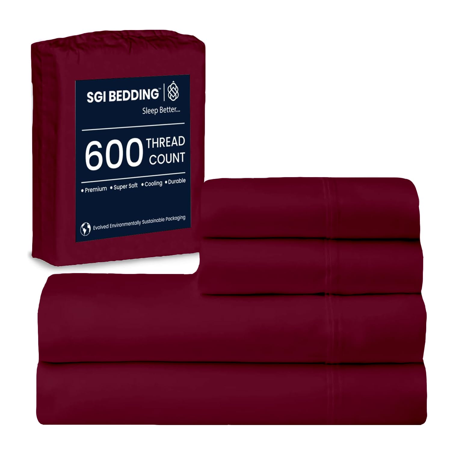 SGI bedding 100% Egyptian Cotton Sheets King Size – 600 Thread Count Sheets Set, Soft, Cooling, 16" Deep Pocket, Luxury Hotel Bedding, Breathable, Durable - Burgundy