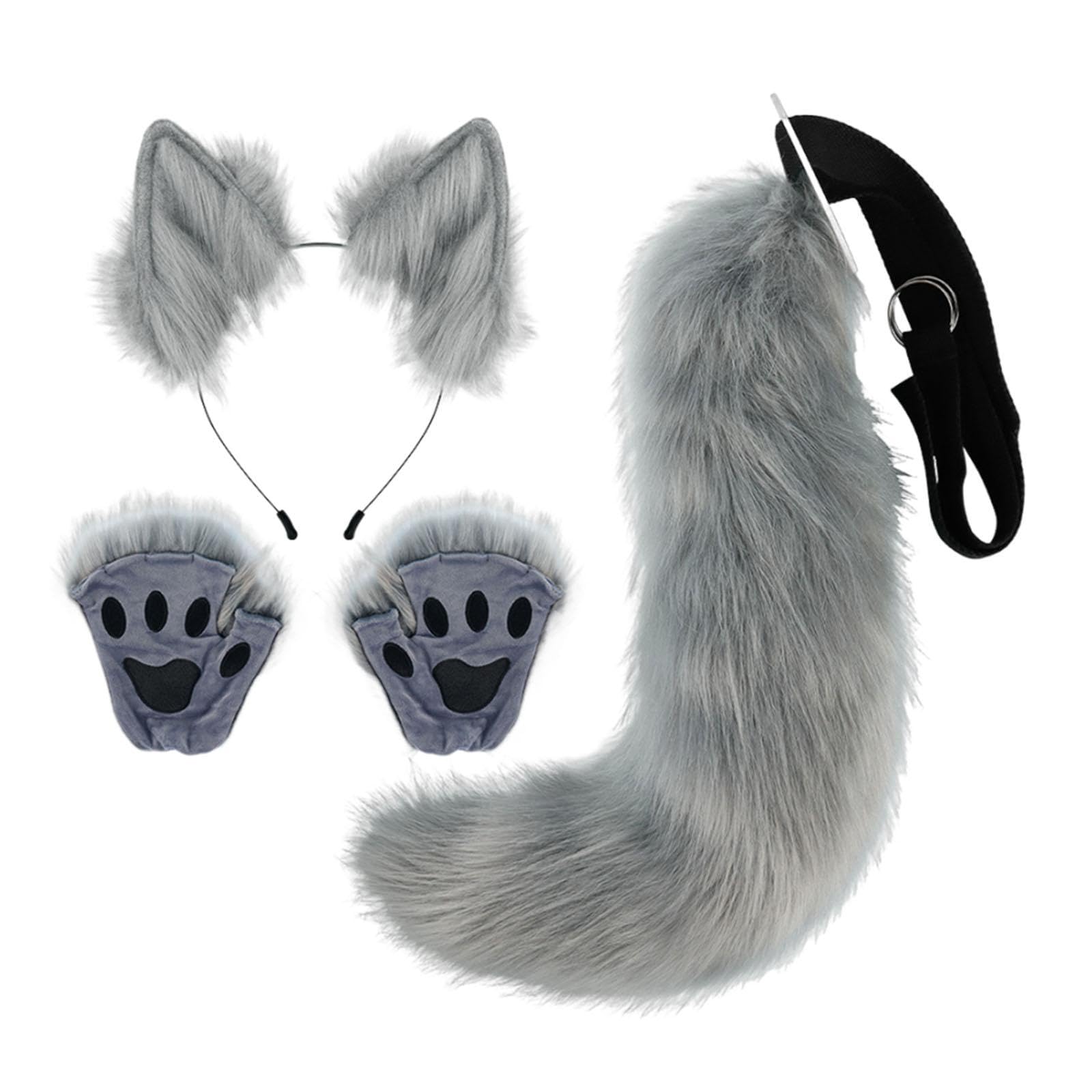 Ensemble Oreilles et Queue d'animal, Coiffe, Oreilles en Peluche, Bandeau pour Les Fêtes et Les Anniversaires, Gris