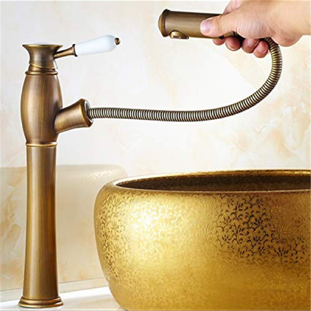 Bateria Umywalkowa High-Arc Bathroom Basin, Jednouchwytowa Z Mieszaczem Ciepłej I Zimnej Wody Wyciąganą Wylewką, Miedziany Ceramiczny Uchwyt Do Umywalek Kuchennych Nablatowych