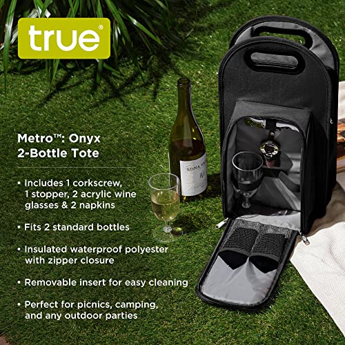 True Onyx Insulated Wine Tote With Pocket - 2 Bottle Wine Carrier With Wine Glasses, Napkins, Corkscrew, And Bottle Stopper - Black #TOP1