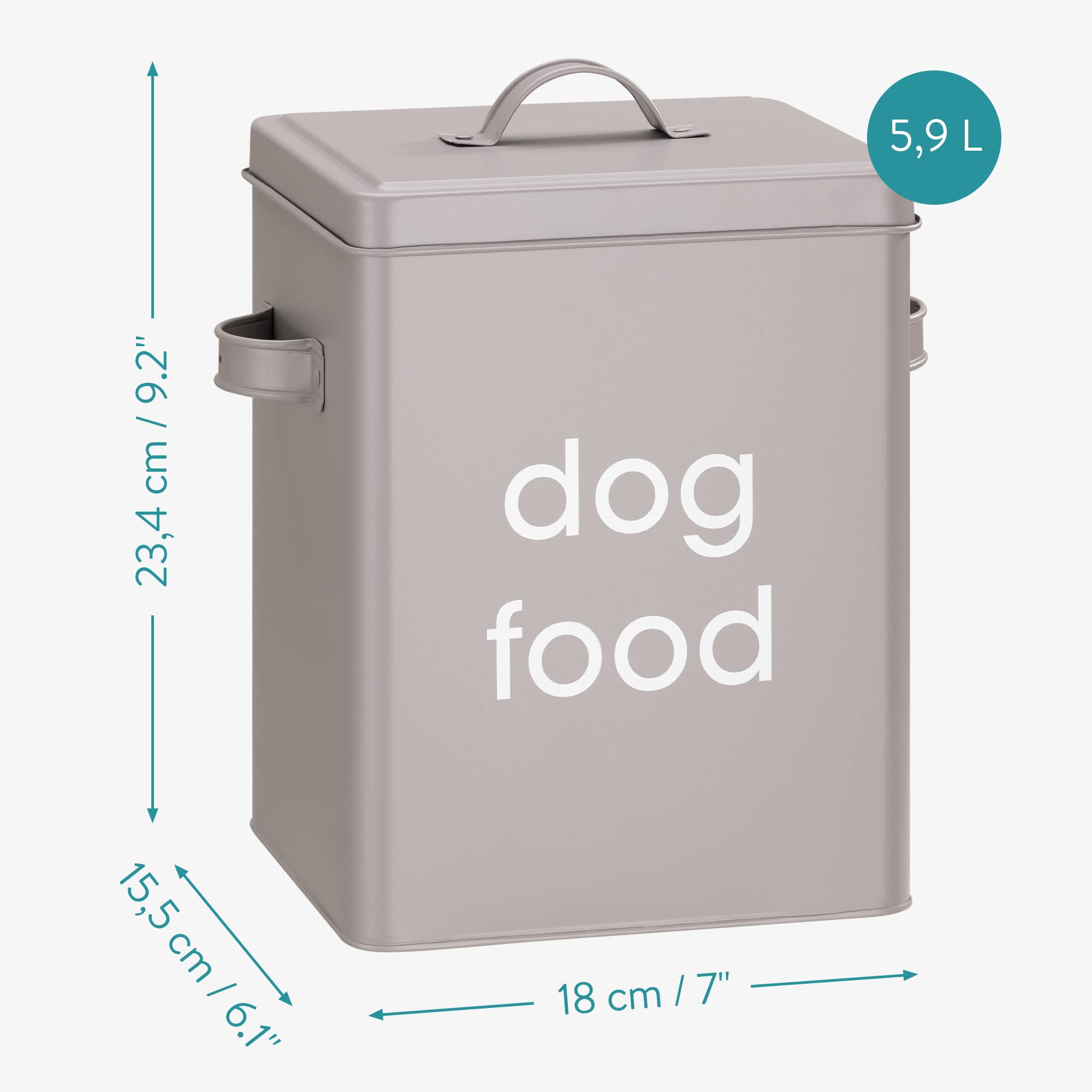 Navaris Contenedor Comida Perro - Set 1x Caja Pienso Perro de Metal y 1x Pala Medidora para Almacenaje de Pienso de Perro Mascotas - Contenedor Pienso Perros con Asa y Tapa - Gris