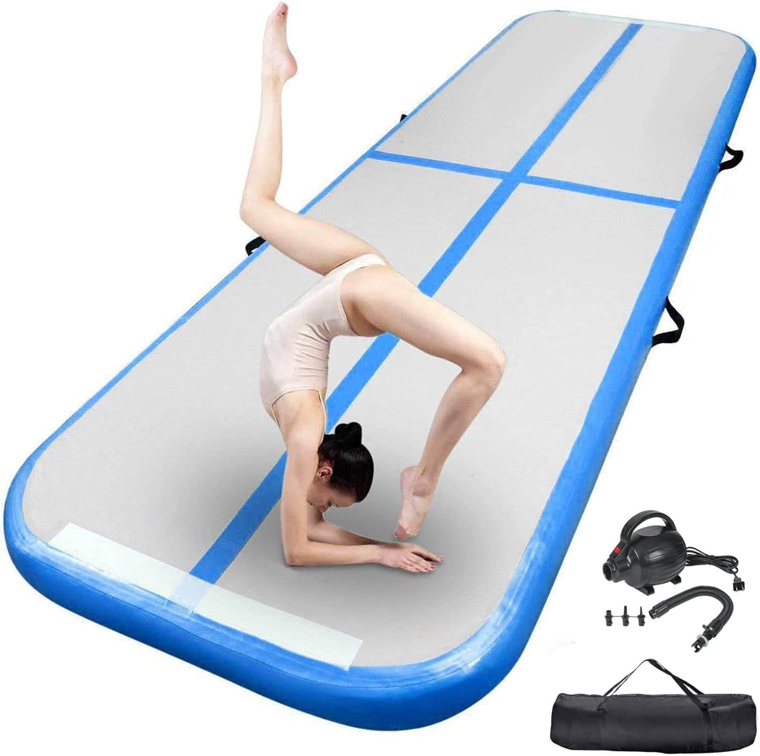 FBSPORT Inflatable Air Gymnastics Mat Training Mats 4/8 inches Thickness Gymnastics Tracks for Home Use/Training/Cheerleading/Yoga/Water with Pump Blue 10ft*3.3ft*4in(3*1*0.1m)