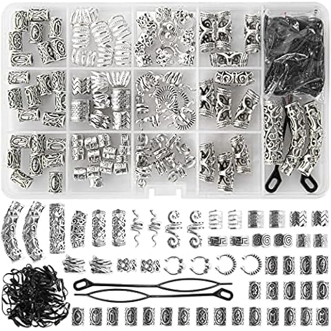 152PCS Vikings Hair Jewelry Norse Runes Tube Beads, Metal Clips Cuffs Rings, Accessories for Braids Dreadlocks Beads for Braiding Beard Decoration Bracelets Pendant Necklace DIY Cover