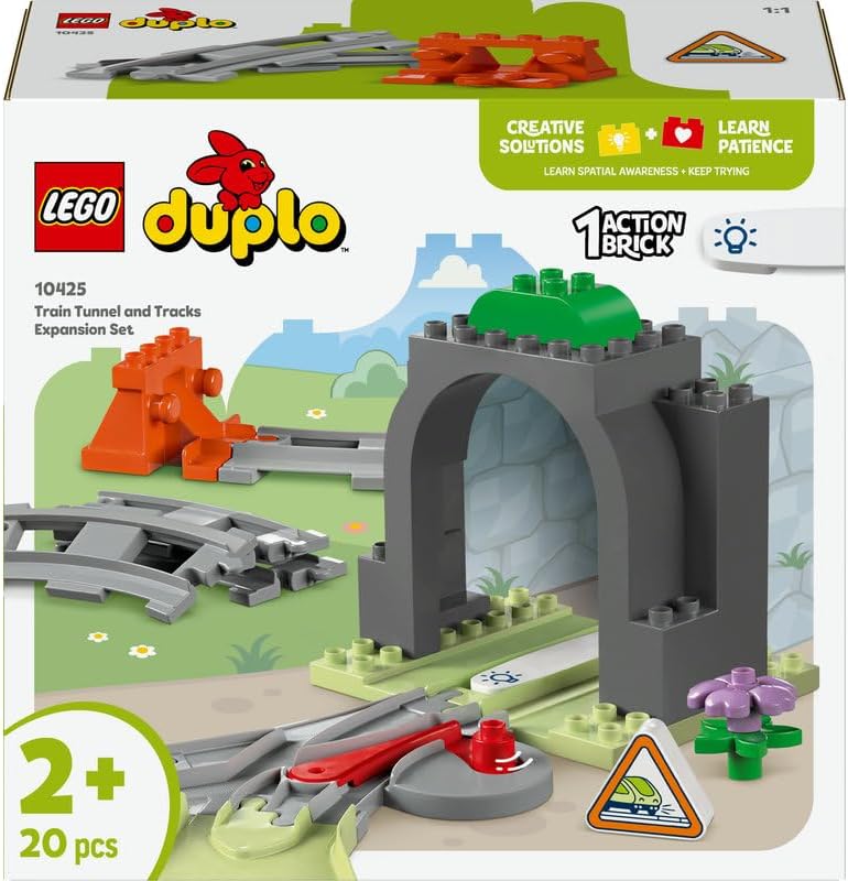 Detailed view of LEGO Duplo 10426 components including the action brick and technician figure.