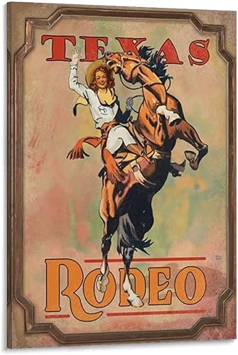 ToMart Póster vintage de Texas Rodeo Cowgirl Póster de pared Art Deco Impresión en lienzo Pintura en lienzo Pintura Arte de pared Póster de arte de