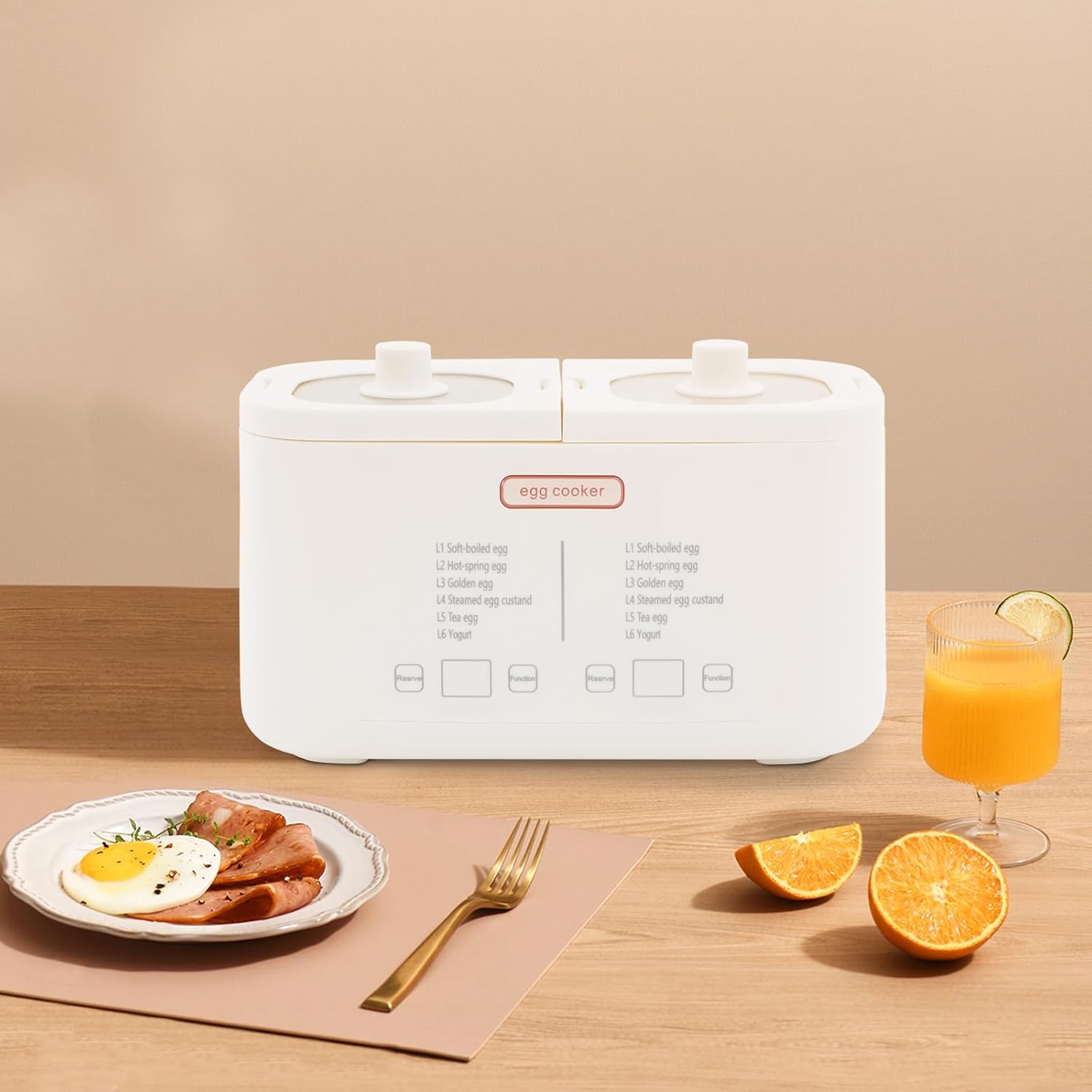 Dual Pot Egg Cooker Electric, 8 Egg Capacity Rapid Egg Cooker with 24H Timer, 6 Modes for Hard Boiled, Poached, Steamed Eggs, Yogurt & Custard, Auto Shut Off