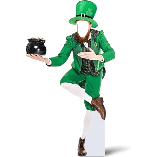 Jetec 1 Pack 5.4 ft St. Patrick's Day Leprechaun Holding Pot of Gold Cardboard Cutout Stand up Life Size St. Patrick's Day Irish Party Decorations Backdrop Photo Prop Shamrock Gold Pot Coin Cutout
