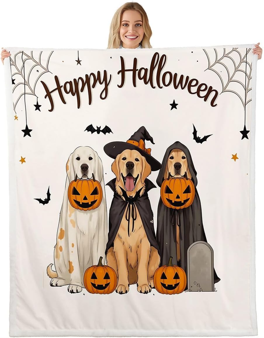 Castle Fairy Cute Halloween Dogs Throw Blanket Golden Retriever Wizard Bed Blanket for Kids Teens Adults Halloween Pumpkin Bat Decor Fleece Blanket for Couch Office 30x40