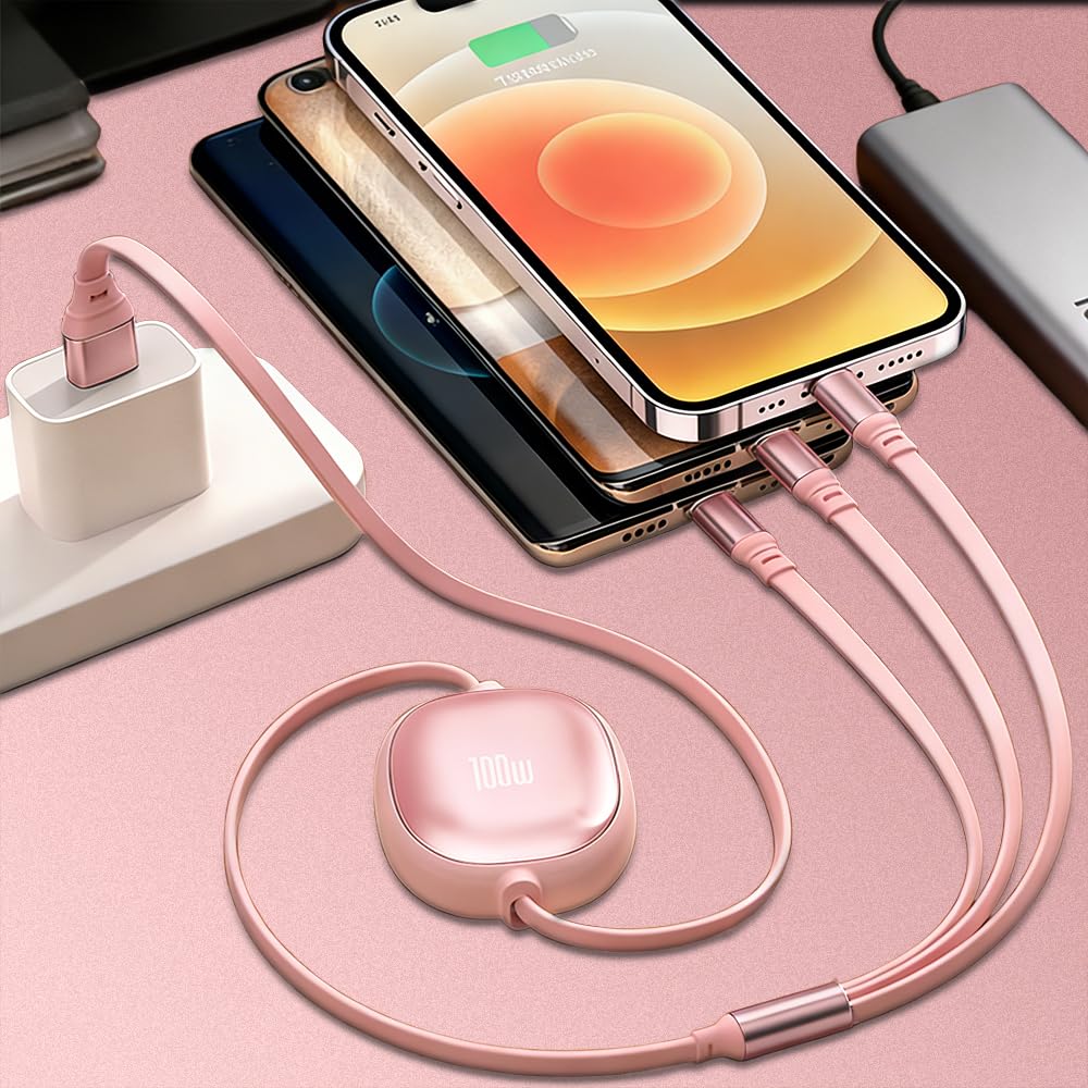 Multi Charging Cable, 3 in 1 Charging Cable, Retractable Car Charger with Type C/L/Micro USB Ports for iPhone 17 16 15 14 Pro Max/Samsung Galaxy S25/PS/Kindle Multi Chargers for All Devices(Pink)