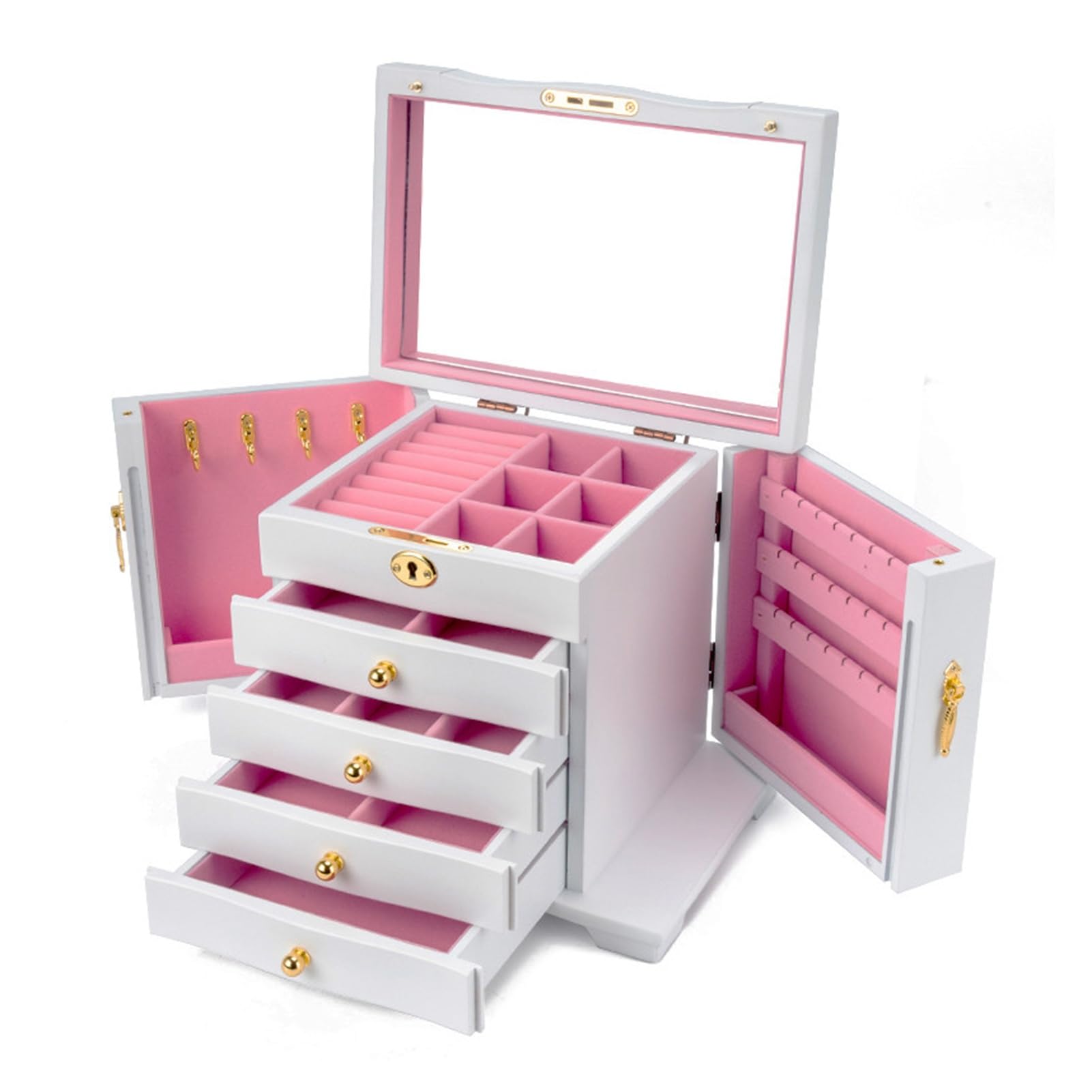 SDFSDE 5-Layer Wooden Jewelry Box With Mirror And Lock Luxury Jewelry Organizer And Storage Box For Watches Necklaces Rings Earrings Bracelets For Women(White)