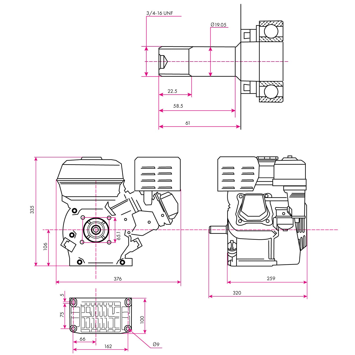 EBERTH 5,5 CV Moteur thermique à essence Moteur de kart, arbre 19,05 mm Ø avec filetage extérieur, sécurité contre manque d'huile, 4 temps, 1 cylindre, 163 ccm cylindrée, démarrage câble