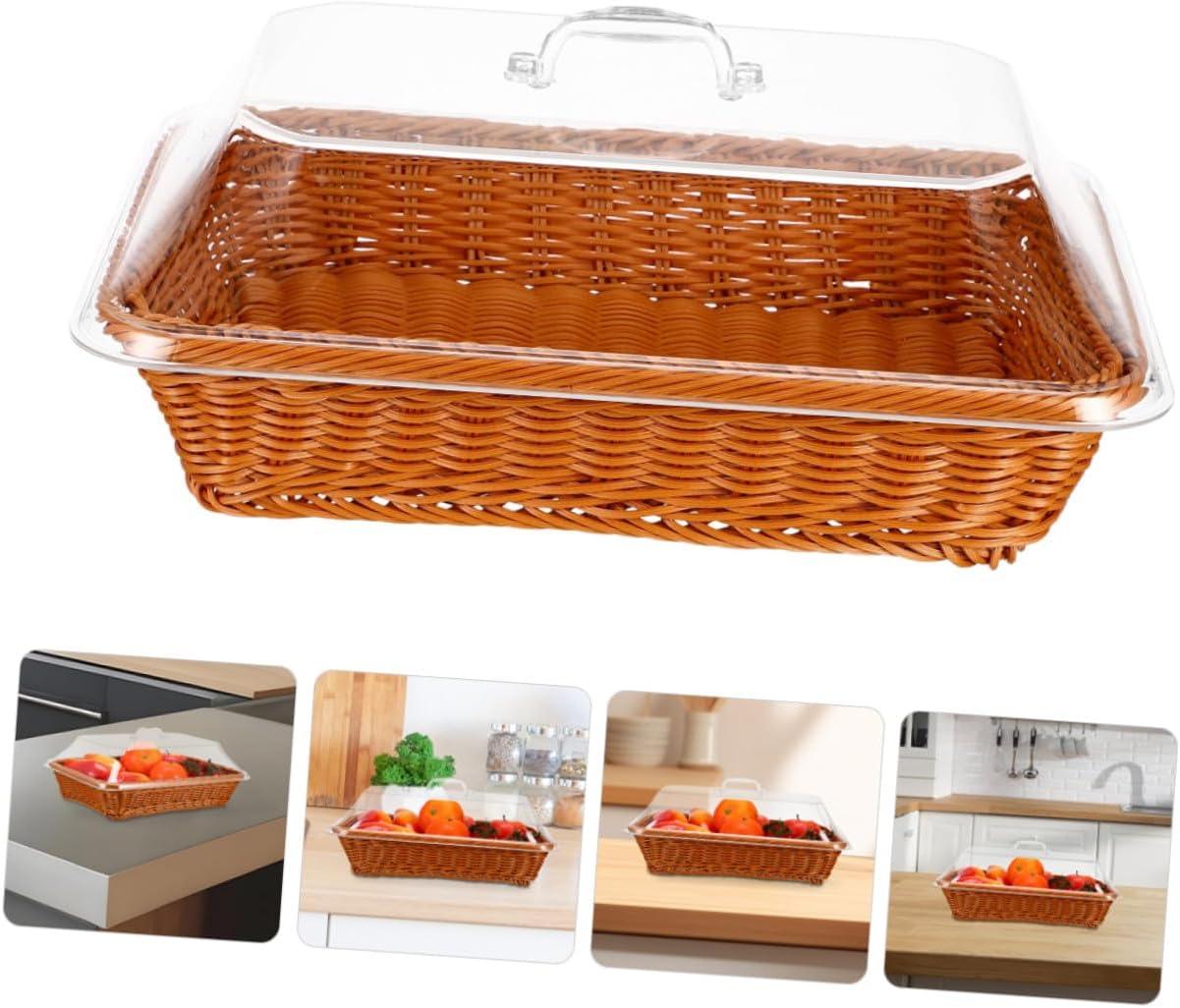 Rattan Bread Basket with Lid, Handwoven Food Serving Basket for Kitchen and Picnic, Multipurpose Woven Fruit and Bread Storage Container 40x30x15 Cm Brown