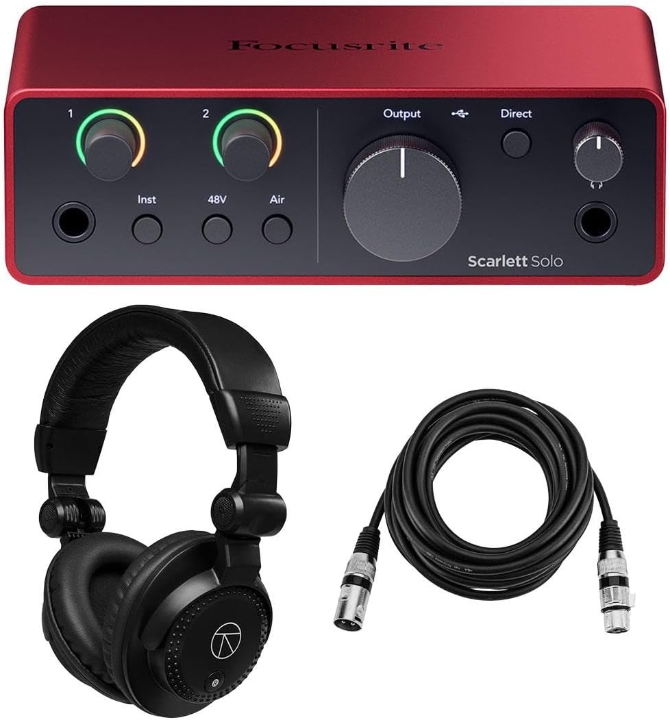 Scarlett Solo 4th Gen USB Audio Interface with Software Suite, Bundle with Closed-Back Studio Monitor Headphones and 10' XLR Microphone Cables (3 Items)