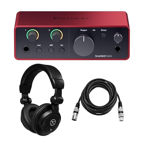 Focusrite Scarlett Solo 4th Gen USB Audio Interface with Software Suite, Bundle with Closed-Back Studio Monitor Headphones and 15' H&A XLR Microphone Cables (3 Items)