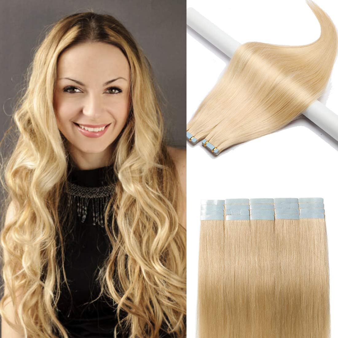 (46cm -50g, 613 Bleach Blonde) - Top Quality 41cm 46cm 50cm 60cm Double Side Skin Tape 100% Remy Human Hair Tape in Hair Extensions 20pcs 50g per pack (46cm , 613 Bleach Blonde)