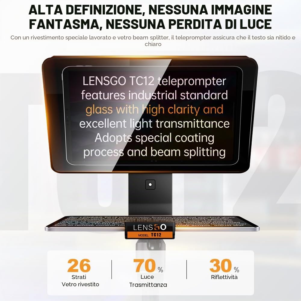 LENSGO TC12 Teleprompter per fotocamera e tablet DSLR/mirrorless fino a 12,9" | Teleprompter professionale per registrazioni video, vlogging, live streaming.