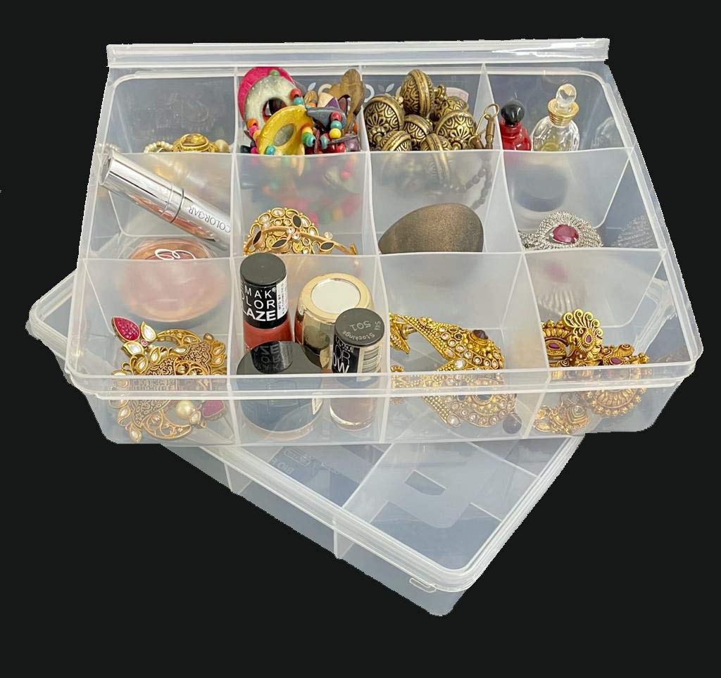 CSM Plastic Jewelry Box With Partitions Transparent12 Grids Rectangular Storage Boxes-Big Size (Pack of 2 Boxes)