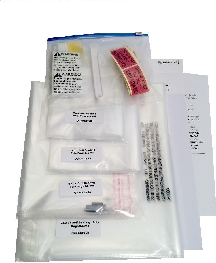 Poly Bags With Suffocation Warning 6x9 9x12 8x10 12x17 100 Count Combo Pack Self Sealing with ASIN Labels Shipping Labels Do Not Separate Labels Goo Gone Scotty Peeler For Amazon FBA Starter Kit