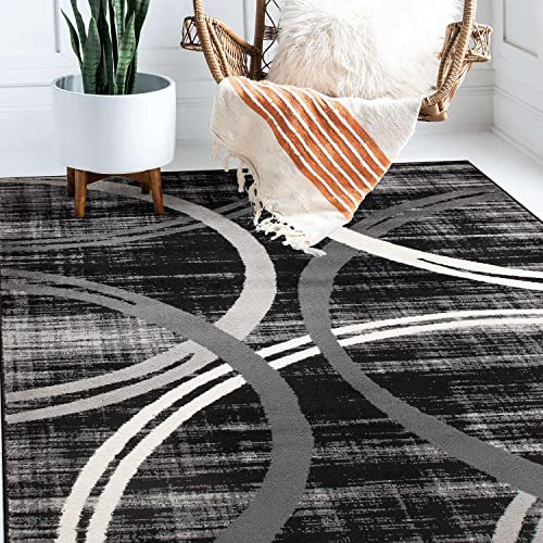 Rugshop Modern Wavy Circles Design Area Rug 6'6" x 9' Black