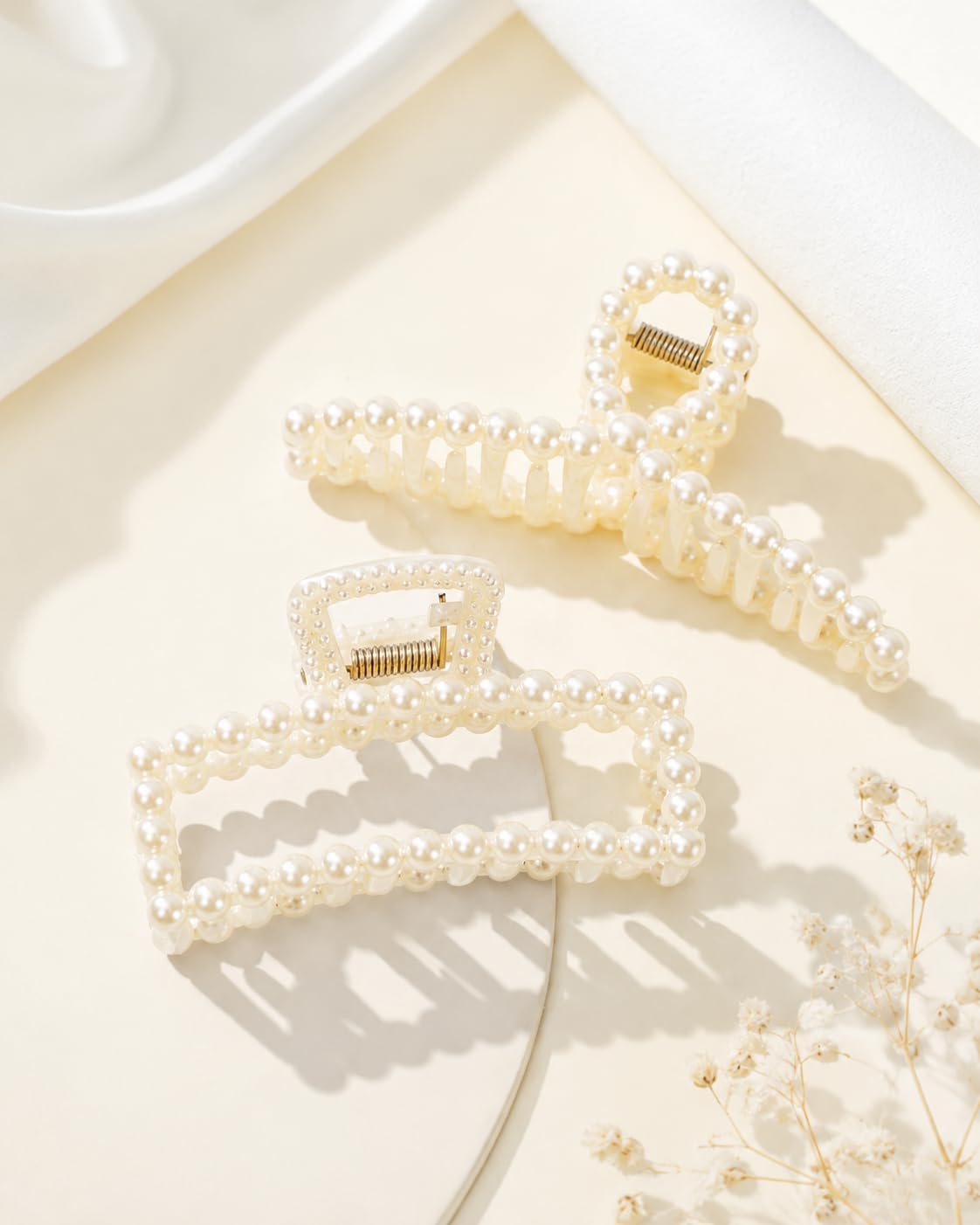 Pearl Hair Claw Clips for Women & Girls, Pack of 2, Korean Style Hair Clutcher Set, Strong Hold Rectangle & Long Hair Claw, Elegant Pearl Hair Accessories for Thick, Thin & Curly Hair, Cream White-image-33