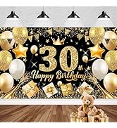 PatiCool 30th Black Gold Happy Birthday Banner Backdrops Decoration -71x43 in Fabric,Glitter 30th...