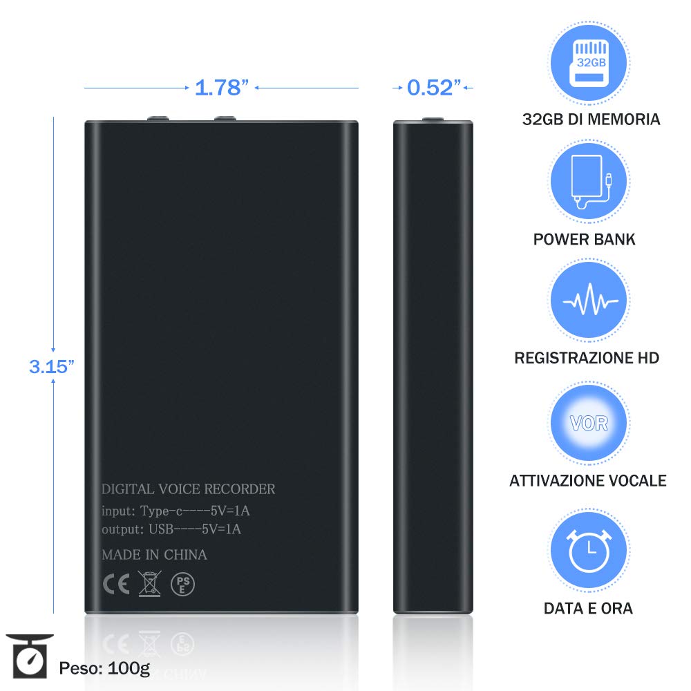 TDW 32GB Registratore Vocale Professionale con Attivazione Vocale, 2500mAh Registratore Audio con Durata Della Batteria di 288 ore e 365 Giorni in Standby - Portatile Magnetico Registratore Vocale