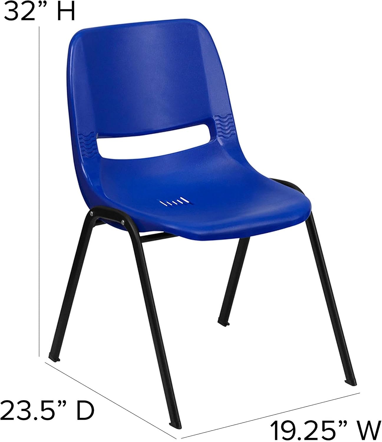BOWERY HILL Ergonomic Shell Stacking Chair, Metal and Plastic, Blue Finish, 32.13 in x 21 in x 23 in, Contoured Design, Vented Back and Seat, 880 lbs Capacity, 20 Stack Quantity, Indoor/Outdoor
