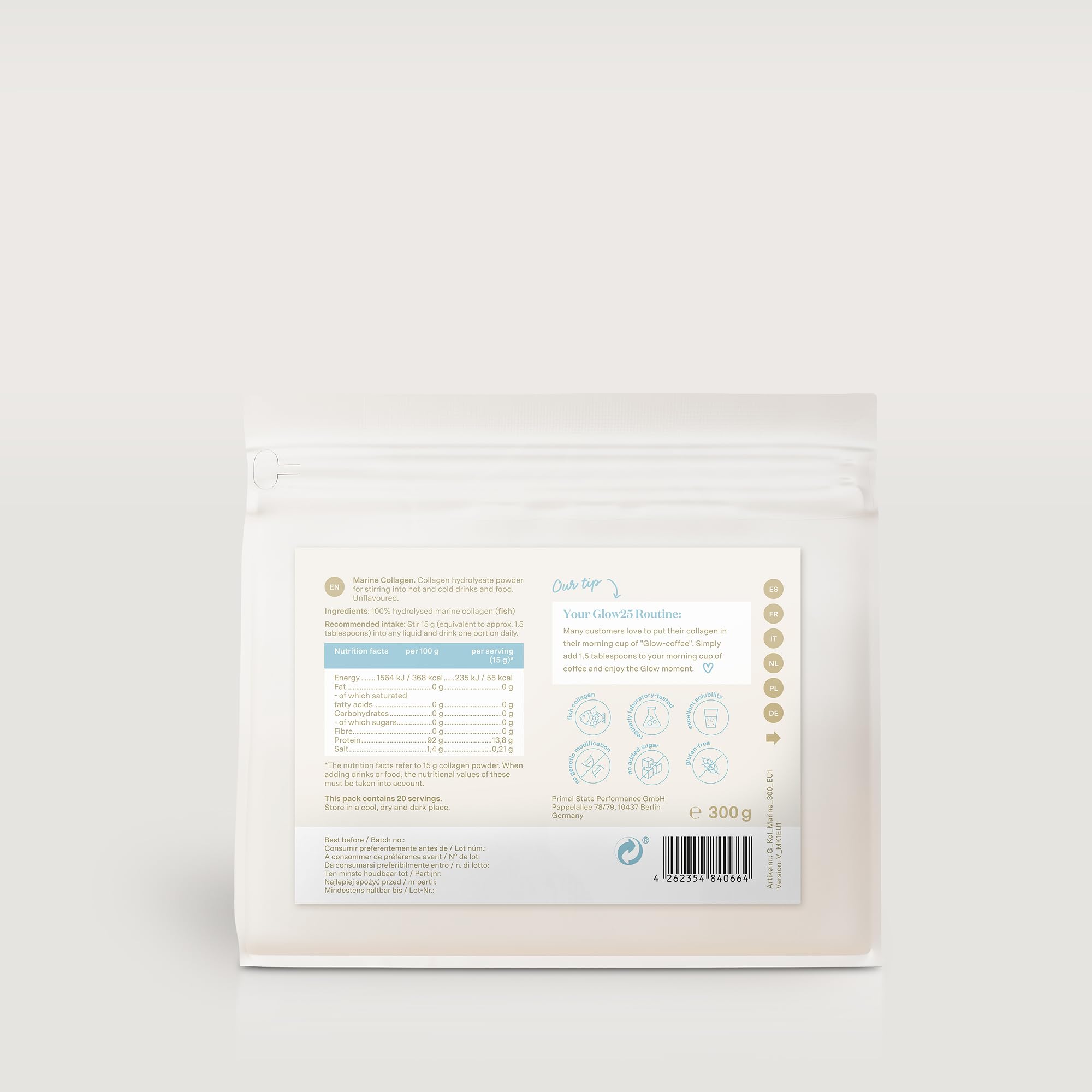 Collagène marin en poudre Glow25® [300g] – Haute solubilité – Peptides de collagène à boire – Collagène hydrolysé pur – Naturel – Collagen
