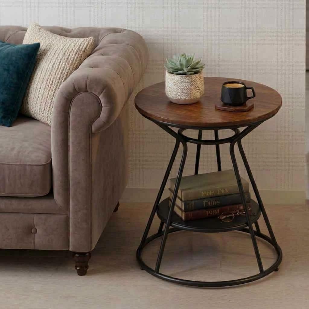 Round Coffee Table for Living Room 2-Tier End Table Decorative Flower Pot Stand Sofa Side Corner Tables for Bedroom Home and Restuarent Black Brown-image-16