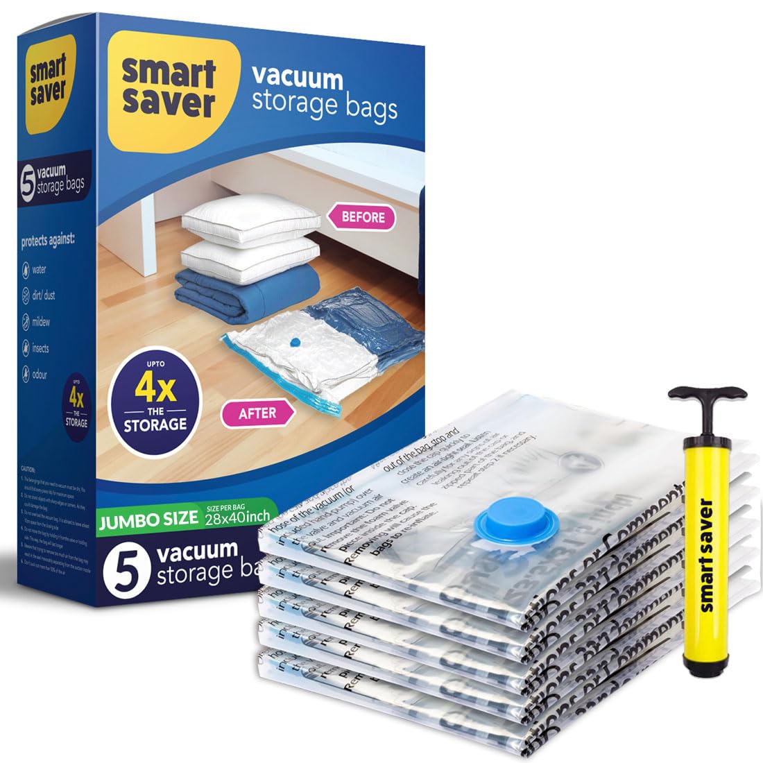 Smart Saver Vacuum Storage Compression Ziplock Bags 5 Pack Jumbo (70x100) cm With Handpump for Clothes, Blankets, Pillows, Bedding, Comforters - Airtight Reusable Packing Bags